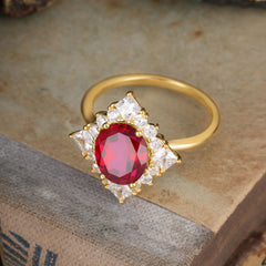3CT Oval Cut Ruby Halo Engagement Ring for Women