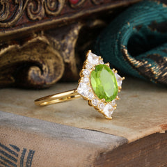 3CT Oval Cut Peridot Halo Engagement Ring for Women