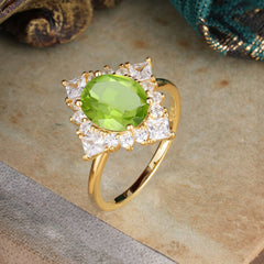 3CT Oval Cut Peridot Halo Engagement Ring for Women