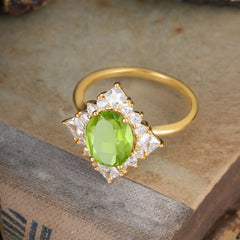 3CT Oval Cut Peridot Halo Engagement Ring for Women
