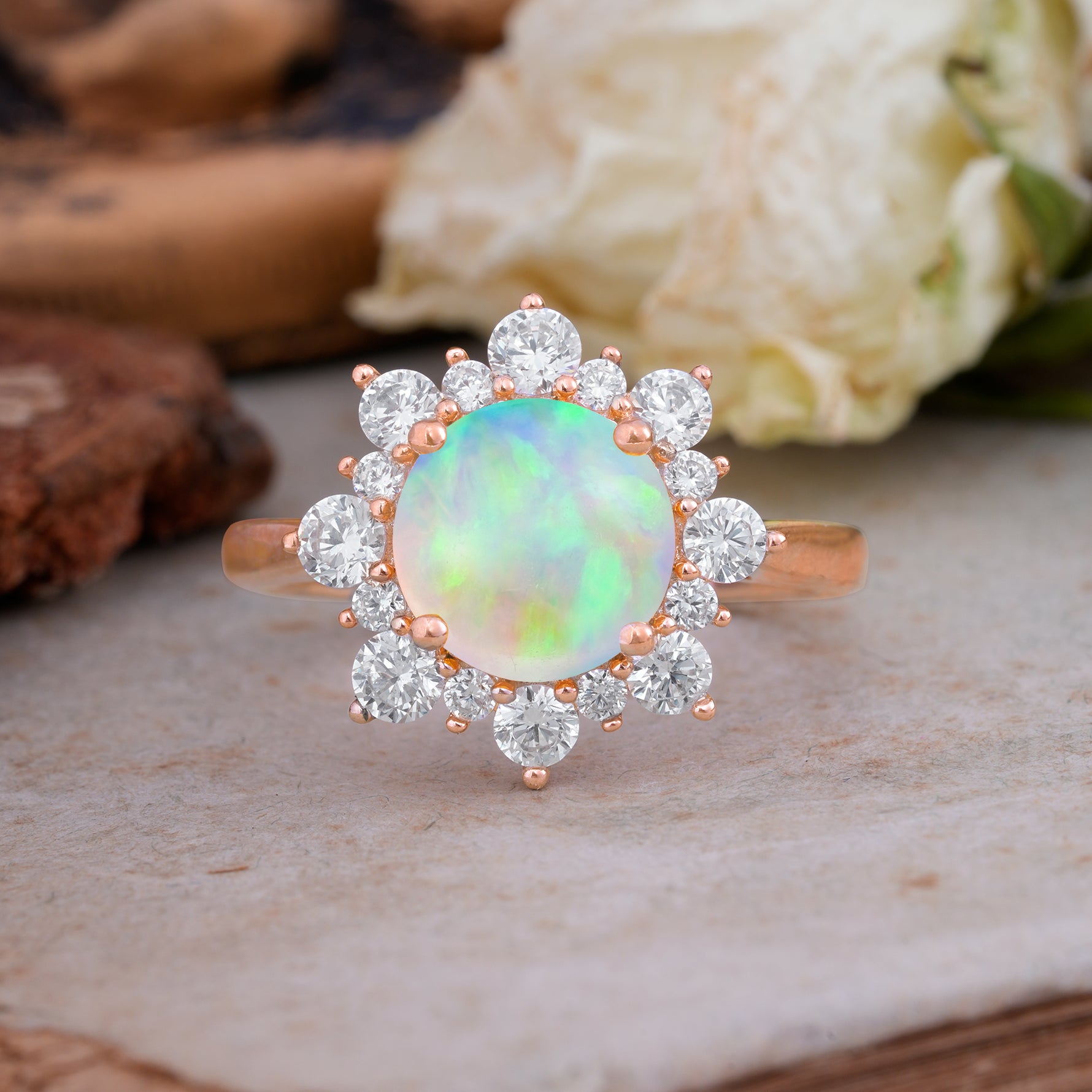 Classic Sparkling Round Cut Fire Opal Engagement Ring with Double Halo     - Additional view