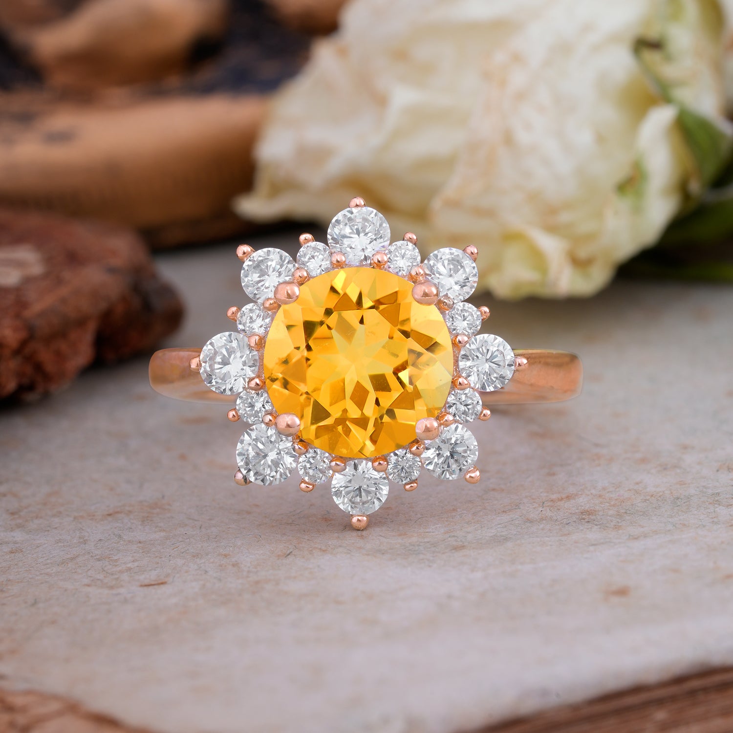 3CT Round Cut CitrineCluster Vintage Engagement Ring