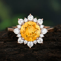 3CT Round Cut Citrine Ring Cluster Halo Vintage Unique Engagement Ring Wedding Anniversary Birthday Gift Jewelry