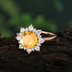 3CT Round Cut Citrine Ring Cluster Halo Vintage Unique Engagement Ring Wedding Anniversary Birthday Gift Jewelry
