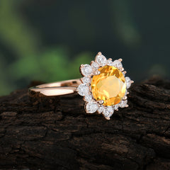 3CT Round Cut Citrine Ring Cluster Halo Vintage Unique Engagement Ring Wedding Anniversary Birthday Gift Jewelry