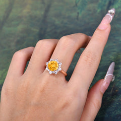 3CT Round Cut Citrine Ring Cluster Halo Vintage Unique Engagement Ring Wedding Anniversary Birthday Gift Jewelry