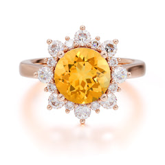 3CT Round Cut Citrine Engagement Ring | 4 Prong Cluster Halo Vintage Setting | Wedding Anniversary Gift Jewelry |