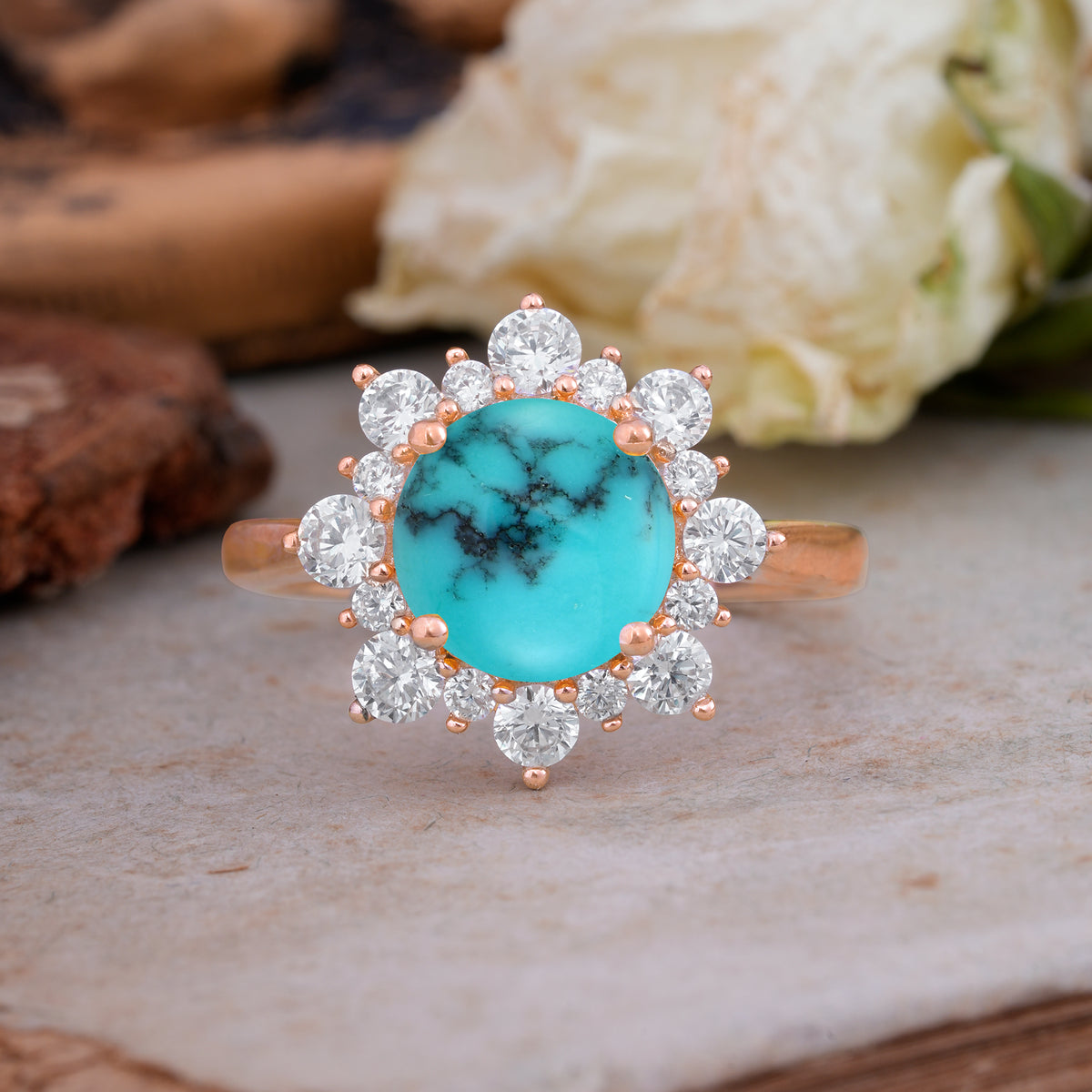 Classic Sparkling Round Cut Turquoise Engagement Ring with Double Halo     - Additional view