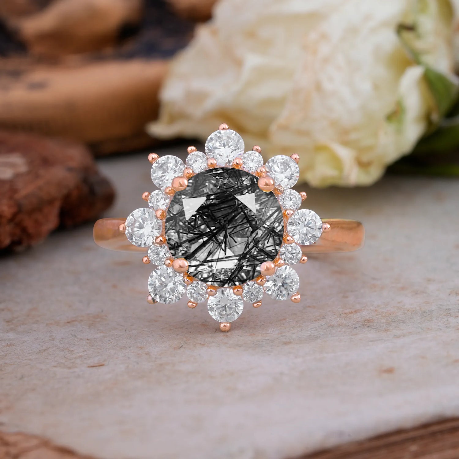 3CT Round Cut Black Rutilated Quartz Halo Engagement Ring