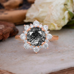 3CT Round Cut Black Rutilated Quartz Cluster Halo Vintage Engagement Ring