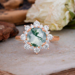 3CT Round Cut Moss Agate Cluster Halo Vintage Engagement Ring