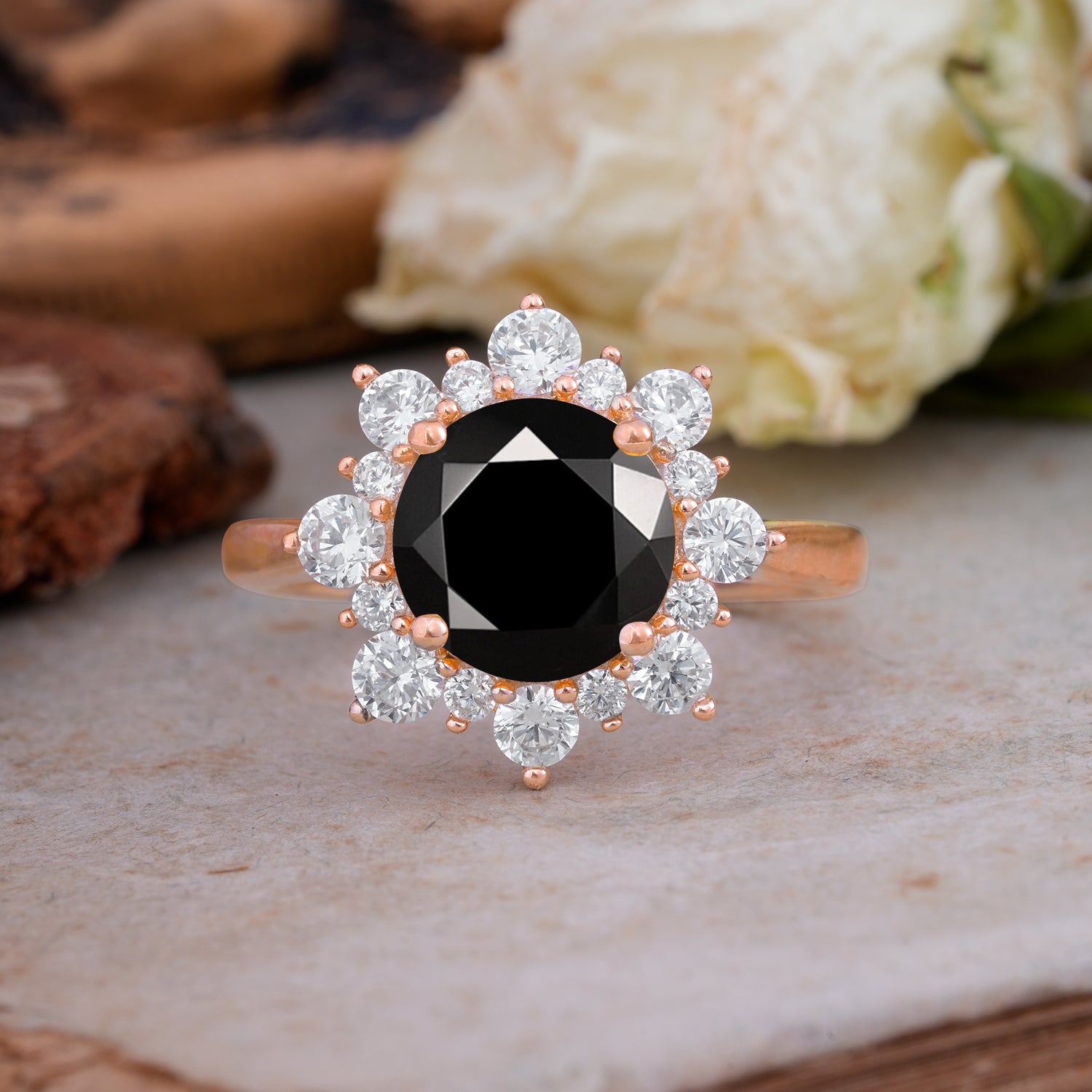 3CT Round Cut Black Onyx Cluster Halo Vintage Engagement Ring - Romalar Jewelry