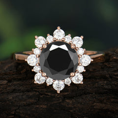 3CT Round Cut Black Onyx Cluster Halo Vintage Engagement Ring