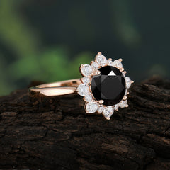 3CT Round Cut Black Onyx Cluster Halo Vintage Engagement Ring