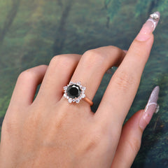 3CT Round Cut Black Onyx Cluster Halo Vintage Engagement Ring