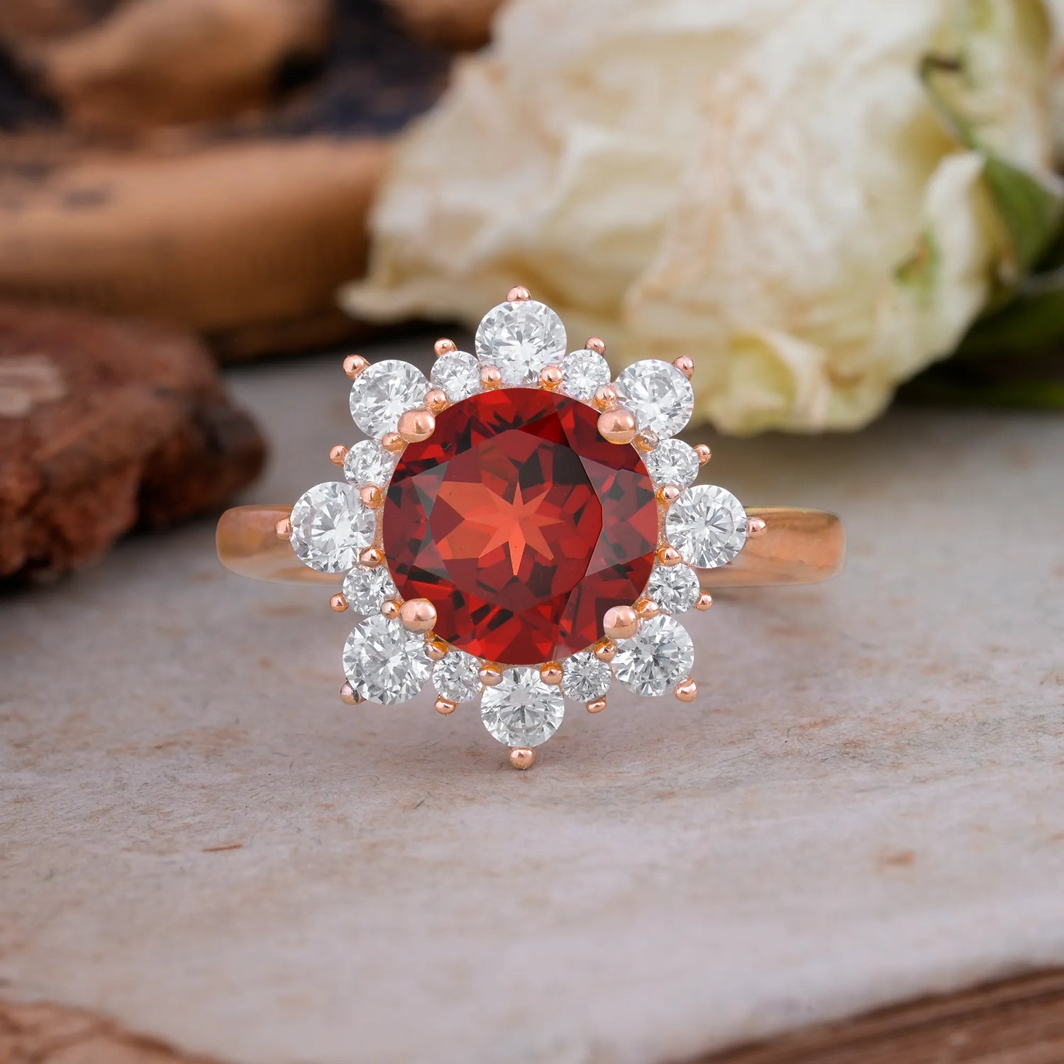 3CT Round Cut Garnet Halo Engagement Ring