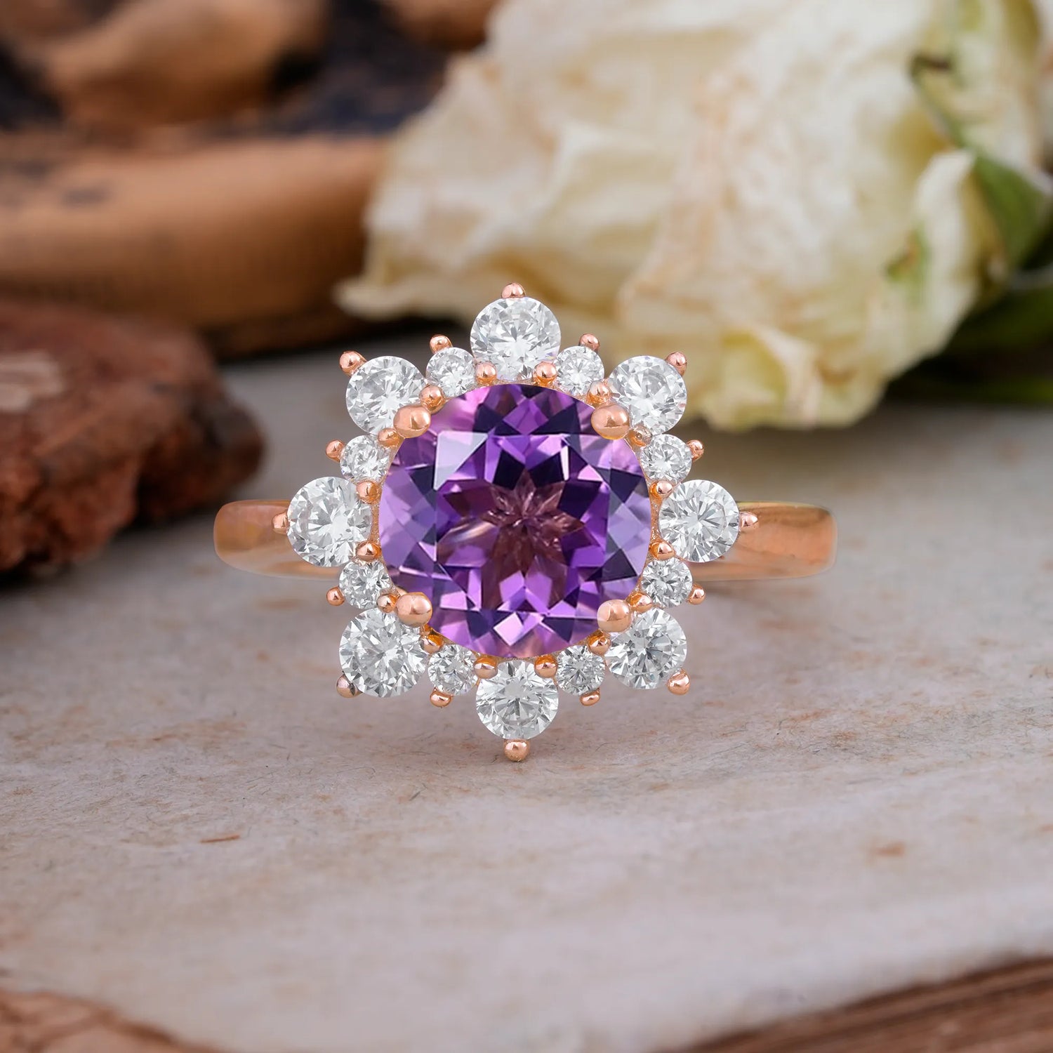 3CT Round Cut Amethyst Halo Engagement Ring