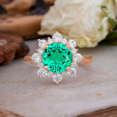 3CT Round Cut Emerald Cluster Halo Vintage Engagement Ring