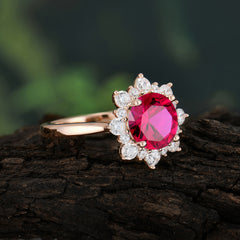 3CT Round Cut Ruby Cluster Halo Vintage Engagement Ring