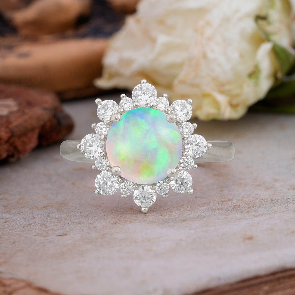 Classic Sparkling Round Cut Fire Opal Engagement Ring with Double Halo     - Additional view