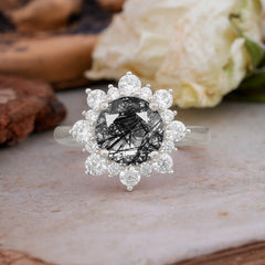 3CT Round Cut Black Rutilated Quartz Cluster Halo Vintage Engagement Ring