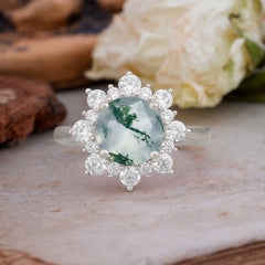 3CT Round Cut Moss Agate Cluster Halo Vintage Engagement Ring