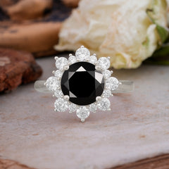 3CT Round Cut Black Onyx Cluster Halo Vintage Engagement Ring