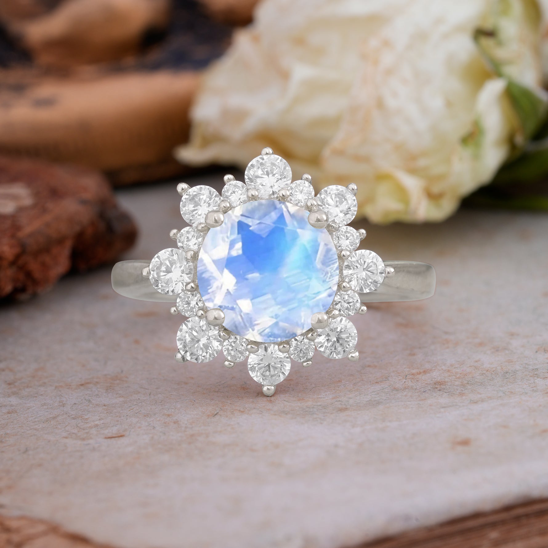 Classic Sparkling Round Cut Moonstone Engagement Ring with Double Halo     - Additional view