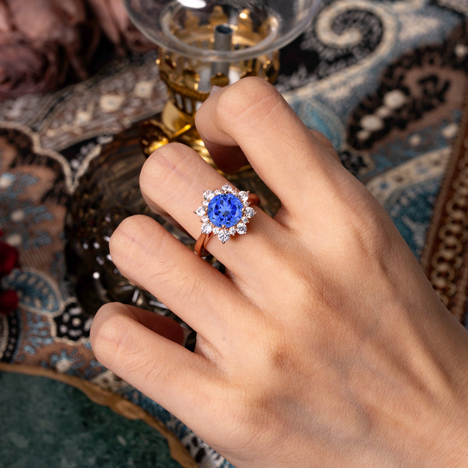 3CT Round Cut 4-Prong Sapphire Cluster Vintage Engagement Ring - Romalar Jewelry