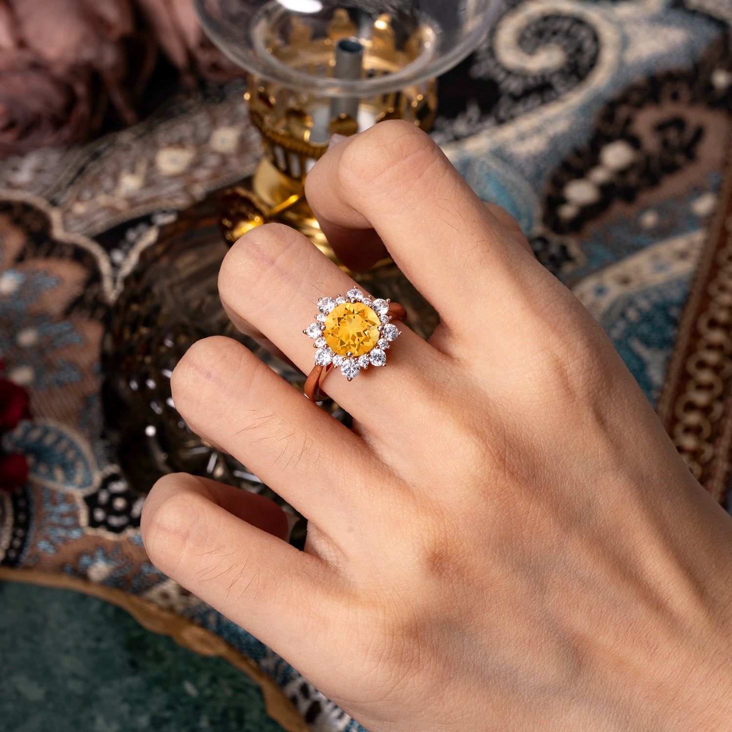 3CT Round Cut CitrineCluster Vintage Engagement Ring