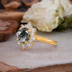 3CT Round Cut Black Rutilated Quartz Cluster Halo Vintage Engagement Ring
