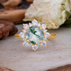 3CT Round Cut Moss Agate Cluster Halo Vintage Engagement Ring