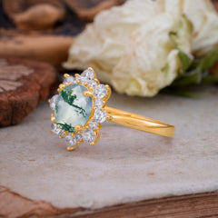 3CT Round Cut Moss Agate Cluster Halo Vintage Engagement Ring