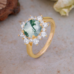 3CT Round Cut Moss Agate Cluster Halo Vintage Engagement Ring