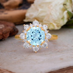 3CT Round Cut Aquamarine Cluster Halo Vintage Engagement Ring