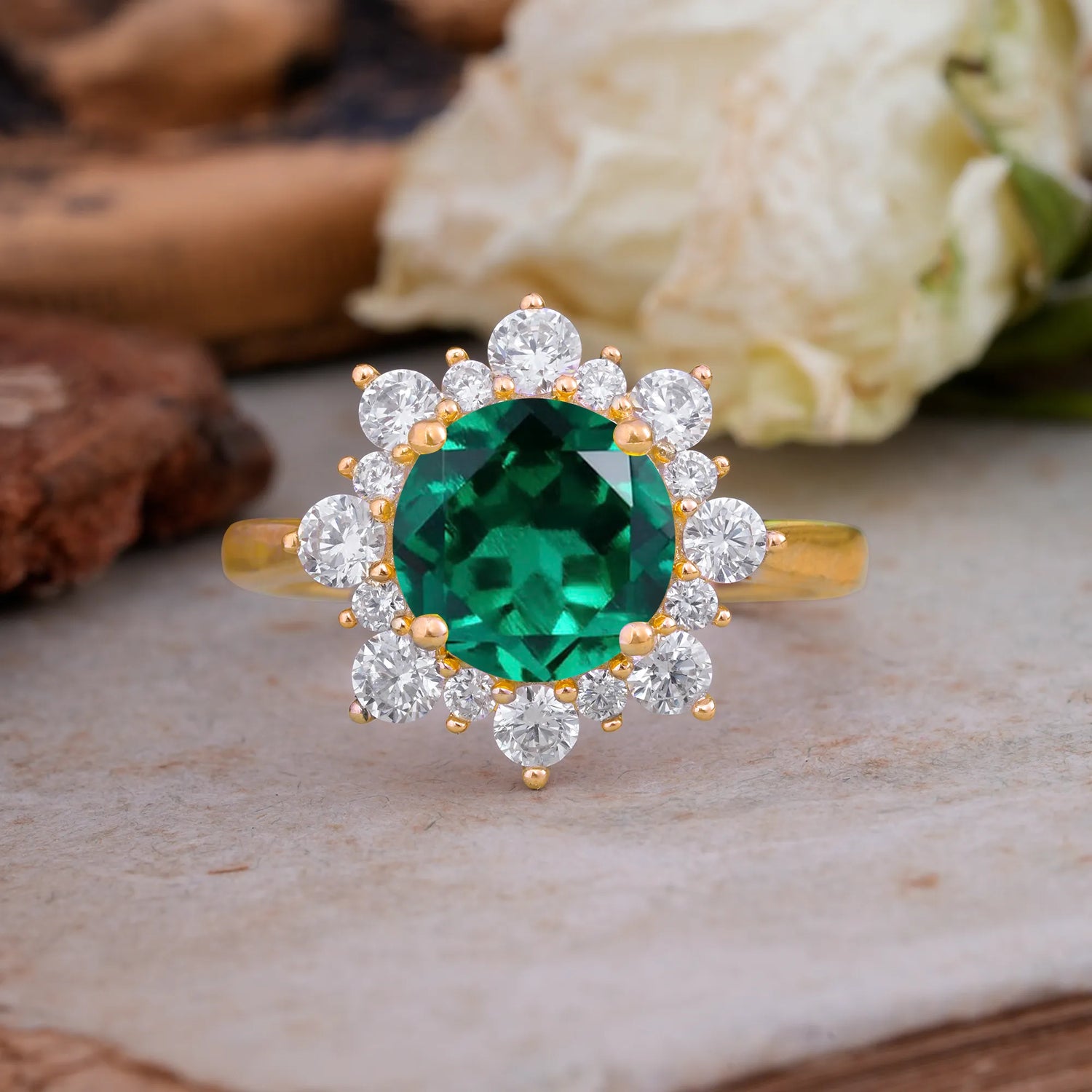 3CT Round Cut Emerald Halo Engagement Ring - Romalar Jewelry