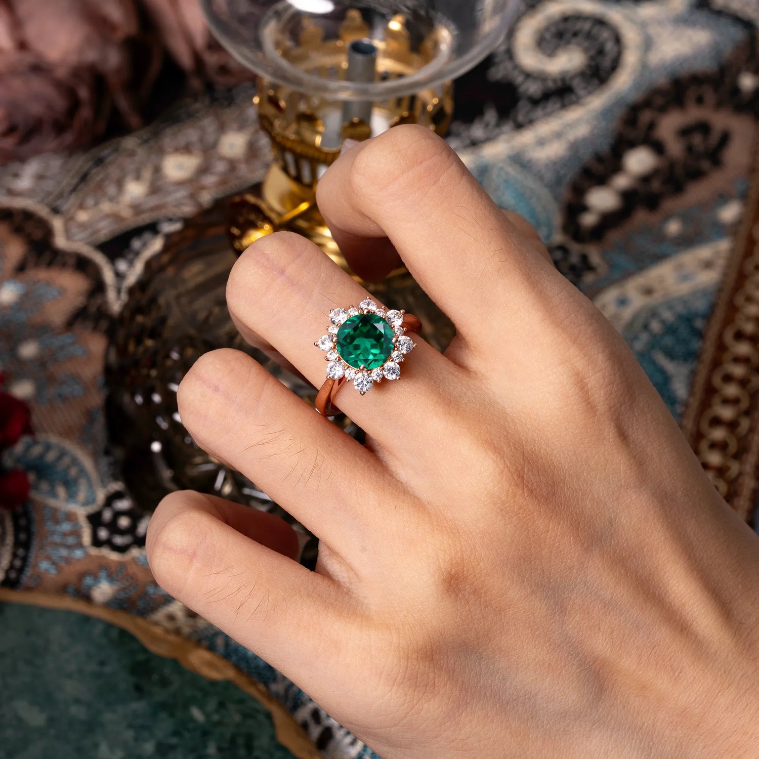 3CT Round Cut Emerald Halo Engagement Ring - Romalar Jewelry