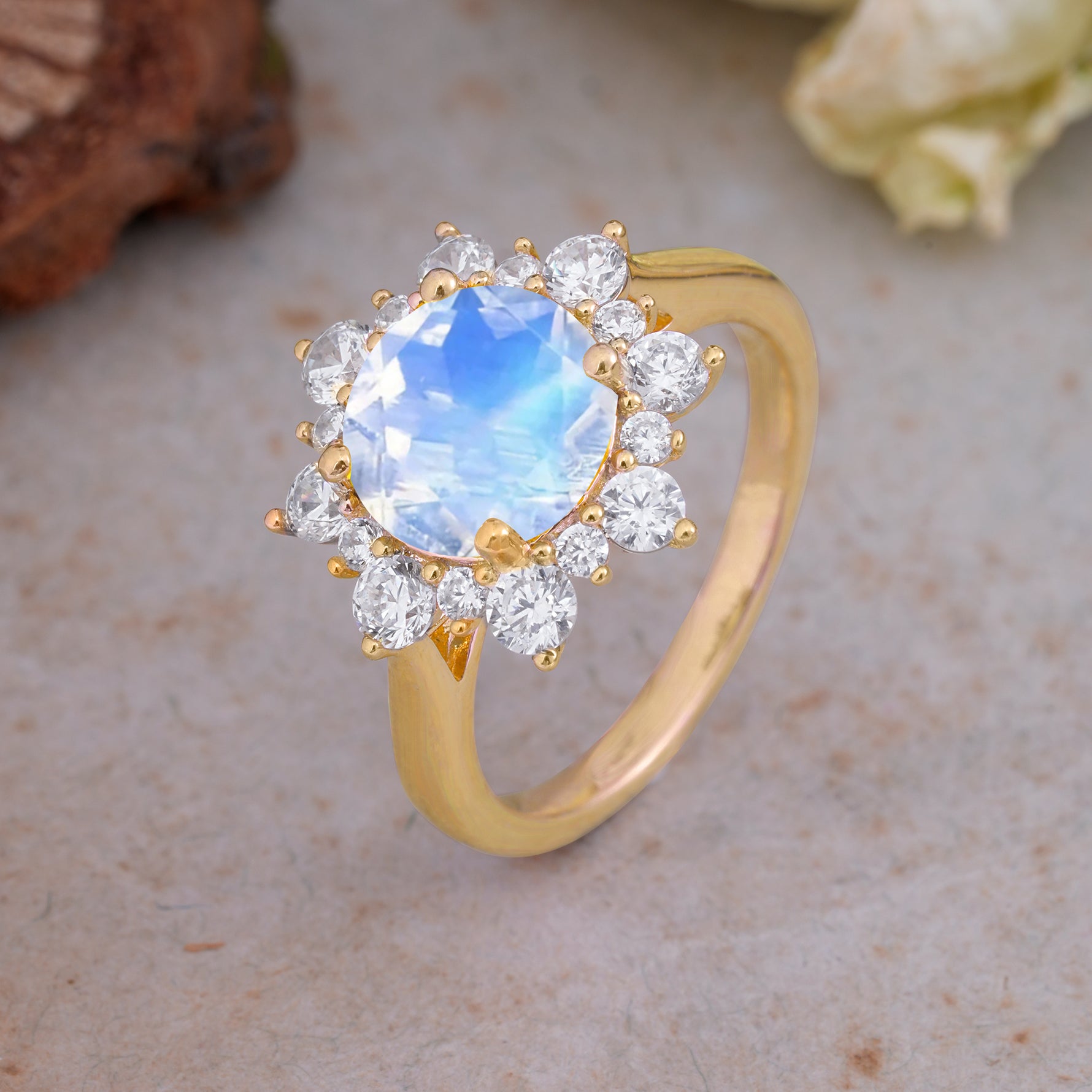 Classic Sparkling Round Cut Moonstone Engagement Ring with Double Halo     - Additional view