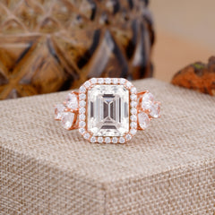 4CT Emerald Cut Moissanite Engagement Ring Vintage Classic Side Stones Halo Bridal Ring