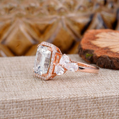 4CT Emerald Cut Moissanite Engagement Ring Vintage Classic Side Stones Halo Bridal Ring