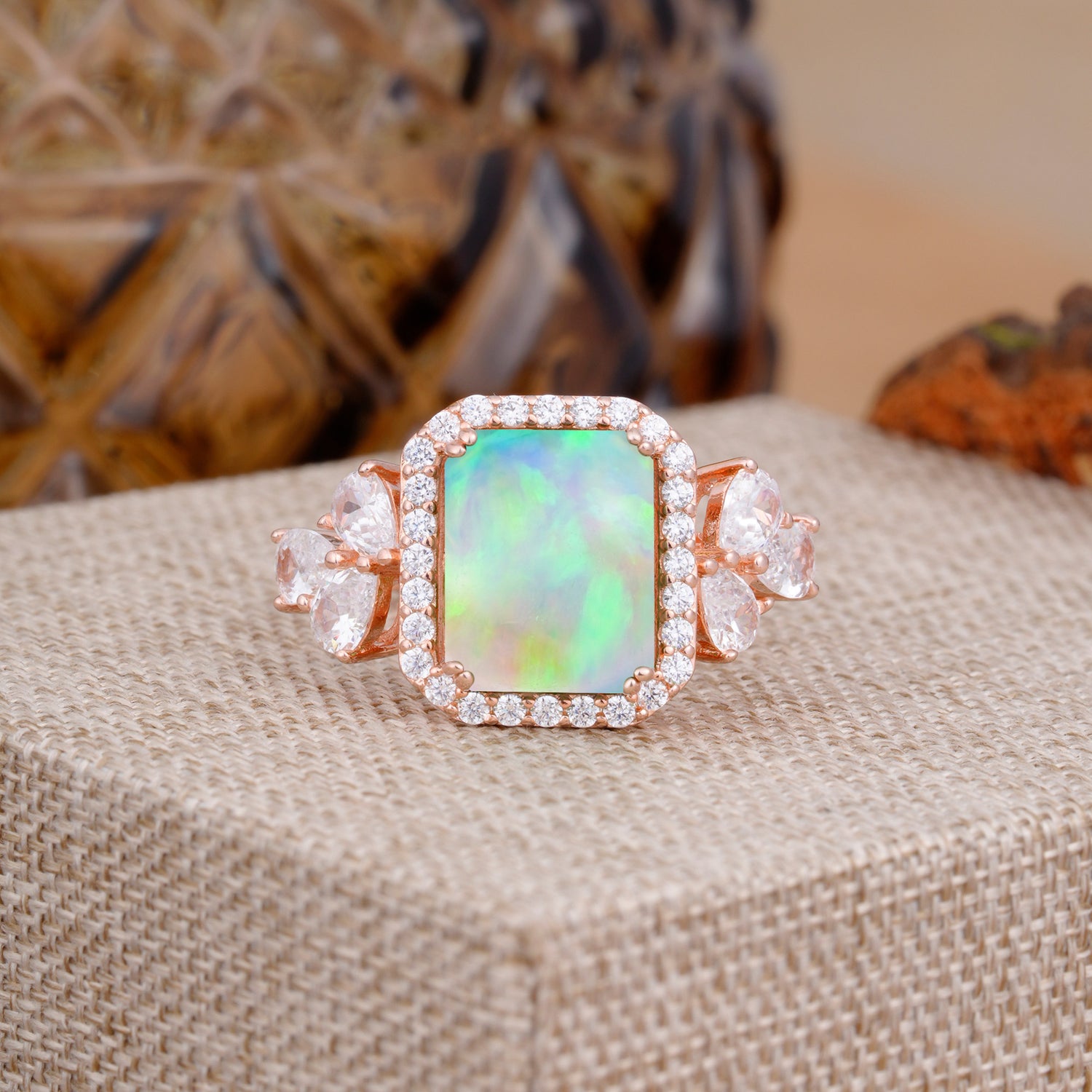 4CT Emerald Cut Fire Opal Engagement Ring Vintage Classic Side Stones Halo Bridal Ring     - Additional view