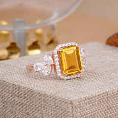 4CT Emerald Cut Citrine Engagement Ring Vintage Classic Side Stones Halo Bridal Ring