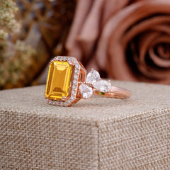 4CT Emerald Cut Citrine Engagement Ring Vintage Classic Side Stones Halo Bridal Ring