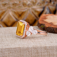 4CT Emerald Cut Citrine Engagement Ring Vintage Classic Side Stones Halo Bridal Ring