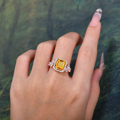 4CT Emerald Cut Citrine Engagement Ring Vintage Classic Side Stones Halo Bridal Ring