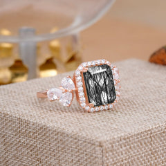 4CT Emerald Cut Black Rutilated Quartz Engagement Ring Vintage Classic Side Stones Halo Bridal Ring