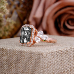 4CT Emerald Cut Black Rutilated Quartz Engagement Ring Vintage Classic Side Stones Halo Bridal Ring