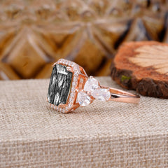 4CT Emerald Cut Black Rutilated Quartz Engagement Ring Vintage Classic Side Stones Halo Bridal Ring