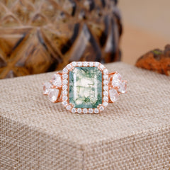 4CT Emerald Cut Moss Agate Engagement Ring Vintage Classic Side Stones Halo Bridal Ring