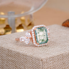 4CT Emerald Cut Moss Agate Engagement Ring Vintage Classic Side Stones Halo Bridal Ring